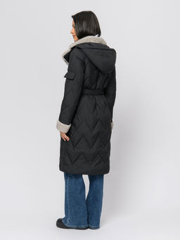 Пальто зимнее черного цвета с поясом и отложным воротником - 1001dress фото 4