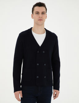 Koyu Lacivert Slim Fit Y_n Kar___ml_ D__meli Triko H_rka