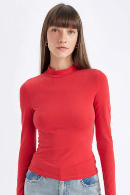 Siyah Slim Fit Dar Kesim Yar?m Bal?kc? Yaka Casual Basic Duz Uzun Kollu Tisort - Defacto фото 2