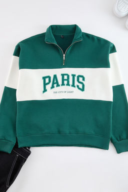 TRENDYOL MAN Zumrut Yesili Oversize/Genis City Bask?l? Renk Bloklu Dik Yaka Fermuarl? Sweatshirt TMNAW25SW00104 - Trendyolmilla фото 7