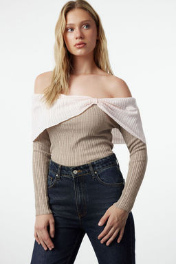 Siyah Carmen Yaka Renk Bloklu Fitted/Vucudu Saran Triko Kazak TWOAW25KZ00170 - Trendyolmilla фото 6