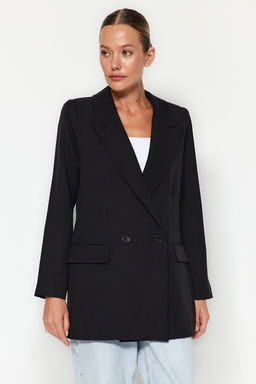 Siyah Regular Astarl? Kruvaze Kapama Dokuma Blazer Ceket TWOSS20CE0059