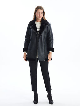 Kad?n Biker Yaka D?z Deri G?r?n?ml? Mont - Waikiki фото 2