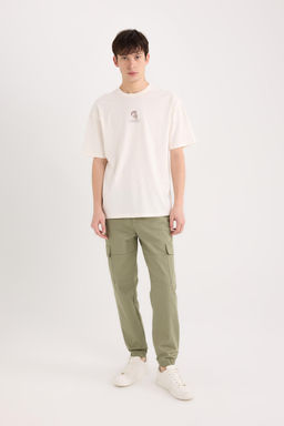 %100 Pamuk Boxy Fit Bisiklet Yaka S_rt Bask_l_ K_sa Kollu Ti__rt - Defacto фото 2