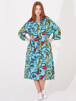 Платье-рубашка бирюзовое с авангардным рисунком - Almond фото 2