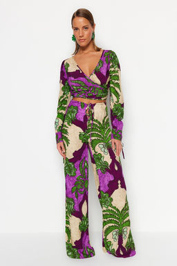 Tropikal Desenli Dokuma Plaj Yuksek Bel Bluz-Pantolon Tak?m TBESS23AU00103