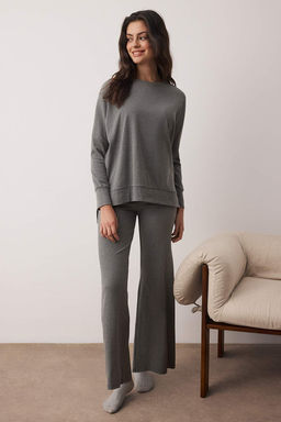 Antrasit Pamuklu Y?rtmacl? Fitilli Orme Pijama Tak?m? THMAW26PT00223