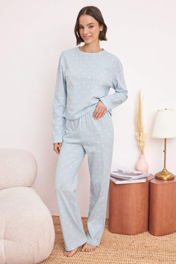 Ac?k Mavi %100 Pamuklu Puantiye ve Kalpli Orme Pijama Tak?m? THMAW25PT00039