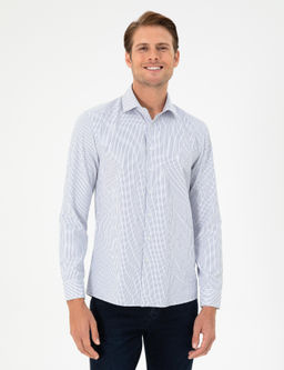 A__k Mavi _izgili Slim Fit Uzun Kollu G_mlek