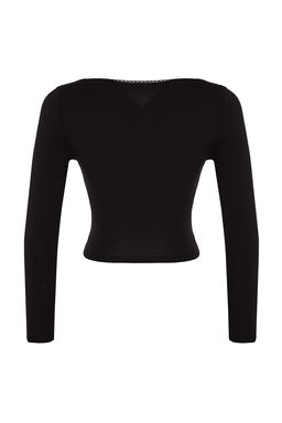 Siyah Derin Kruvaze Yaka Dantel Detayl? Uzun Kol Crop Pamuklu Esnek Orme Bluz TWOAW24BZ00291