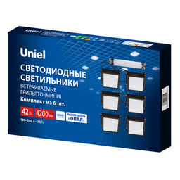 ULP-1010-42W/4000K IP54 GRILYATO OPAL BLACK KIT06 Светильники светодиодные потолочные встраиваемые, комплект из 6 штук. Белый свет (4000K). 4200Лм. Для ячеек 100x100мм. Корпус черный. В комплекте с и/п. ТМ Uniel