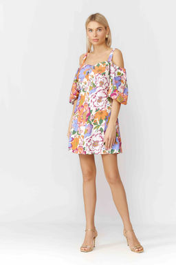 Льняное платье мини на бретелях с объемным рукавом и расклешенной юбкой в принте Цветы винтаж