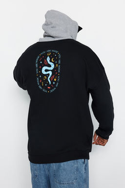 TRENDYOL MAN Siyah Buyuk Beden Oversize/Genis Kesim Kapusonlu Mistik Bask? Ici Polarl? Sweatshirt TMNAW24AO00006 - Trendyolmilla фото 3