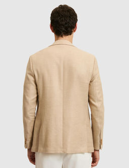 Bej Slim Fit Y_n Keten Kar___ml_ Mikro Desen K_rlang__ Yaka Ceket