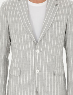A__k Gri Slim Fit Y_n Keten Kar___ml_ Ceket