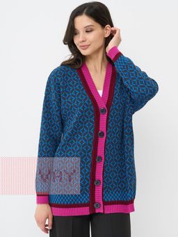 Кардиган женский 5232-1730. 8200048/29/04/18-2328/435 т.джинс/ярко голубой/деликатная фуксия/винная груша