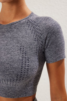 Lacivert Crop Seamless/Dikissiz Bisiklet Yaka Orme Spor Ust/Bluz TWOSS21BZ1419