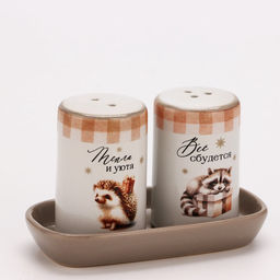 Солонка и перечница новогодние «Зимние зверята», 12×6.5×7 см, ручная работа