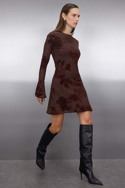 Cok Renkli Flok Bask?l? Bodycon Mini Tul Flare Kollu Astarl? Esnek Orme Elbise TWOAW26EL00029 - Trendyolmilla фото 2