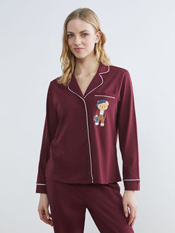 G?mlek Yaka Ay? Teddy Bask?l? Kad?n Pijama Tak?m?