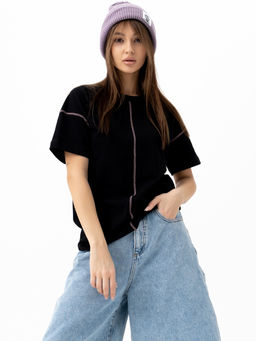 Футболка хлопок 95%, лайкра 5%, черно-розовая - Binita фото 4