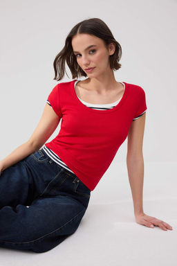 Wardrobe Essentials-K?rm?z? Fitted/Vucuda Oturan Havuz Yaka Yumusak Orme Bluz TWOSS26BZ00362