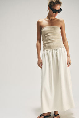 VESTIDO COMBINADO ESCOTE RECTO / Crudo medio