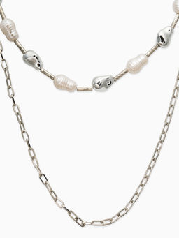 Колье "Жемчуг" борокко, цепь, удлиненное, 2 яруса, цвет белый в серебре