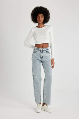 Приталенная футболка с длинными рукавами и круглым вырезом в рубчик - Defacto фото 2