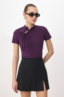 Murdum Dik Yaka Baglama Detayl? Vucuda Oturan Esnek Orme Bluz TWOSS25BZ00226