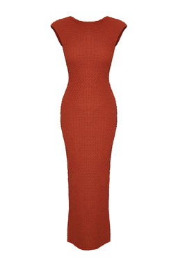 Kiremit Dokulu Kumas Fitted/Vucuda Oturan Ay Kol Esnek Orme Midi Kalem Elbise TWOSS24EL00103