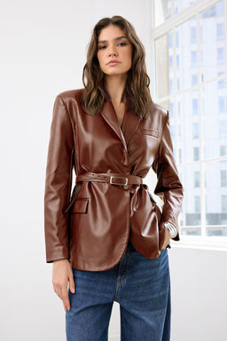 Bordo Kemerli Kruvaze Kapamal? Suni Deri Dokuma Blazer Ceket TWOAW26BC00002 - Trendyolmilla фото 12