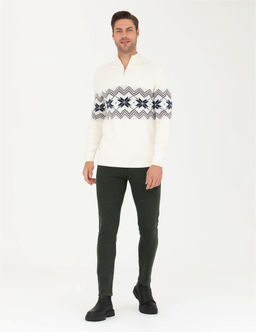 Ekru Slim Fit Fermuarl_ Polo Yaka Triko Kazak