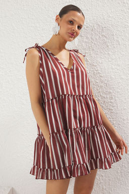 TRENDYOLMILLA Sar? Genis Kal?p Dokuma %100 Pamuk F?rf?rl? Mini Plaj Elbisesi TBESS21EL1247  фото 17