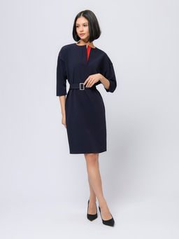 Платье синего цвета длины миди с красной вставкой и рукавами 3/4 - 1001dress фото 2