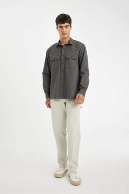 Хлопковая рубашка с длинными рукавами и воротником поло стандартного кроя - Defacto фото 2