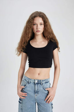 Fitted U Yaka Basic Duz K?sa Kollu Tisort - Defacto фото 5