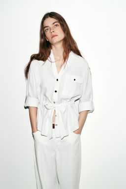 CAMISA SAFARI POPEL?N / Blanco - Zara фото 3