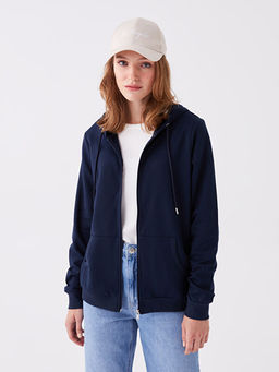 Kap??onlu D?z Uzun Kollu Kad?n Fermuarl? Sweatshirt