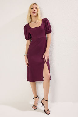 TRENDYOLMILLA Siyah Kare Yaka Balon Kol A-Line Y?rtmac Detayl? Burumcuk/Dokulu Midi Orme Elbise TWOSS23EL01533 фото 18