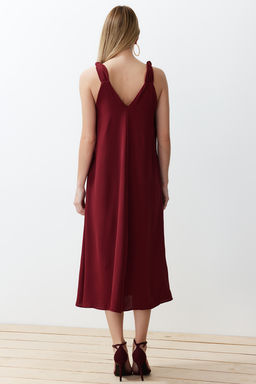 Bordo Rahat Kesim V Yaka Midi Dokuma Elbise TWOSS23EL00882