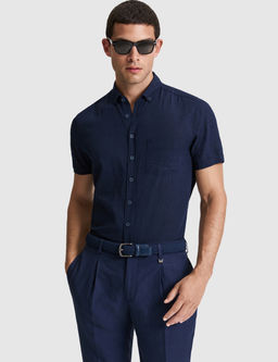 Lacivert Keten Kar___ml_ Regular Fit K_sa Kollu G_mlek