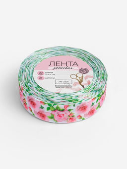 Лента репсовая Розы, 25 мм, 181 м, белая, розовая