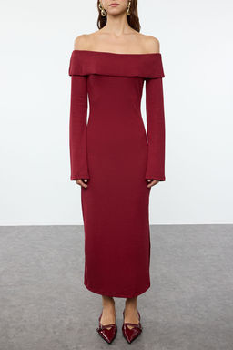 TRENDYOLMILLA Siyah Fitted/Vucuda Oturan Yumusak Dokulu Midi Esnek Orme Kalem Madonna Yaka Elbise TWOAW24EL00803  фото 3