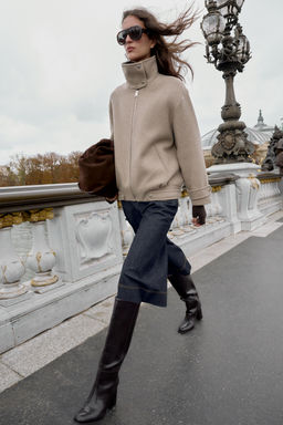 WOOL BLEND BOMBER JACKET WITH HIGH NECK