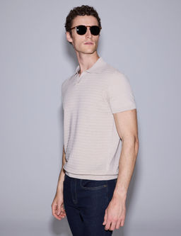 Bej Slim Fit Keten Kar__ml_ Apa_ Yaka Triko Ti__rt
