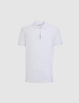 Beyaz Slim Fit Fermuarl_ Polo Yaka Saf Pamuk T-shirt