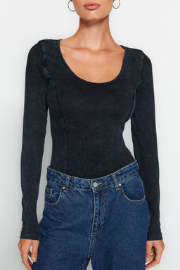 TRENDYOLMILLA Indigo Eskitme/Soluk Efektli Pamuklu Uzun Kol Esnek C?tc?tl? Orme Body TWOAW24BD00044  фото 4