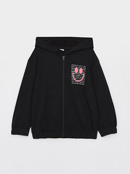 Kap??onlu Bask?l? Uzun Kollu K?z ?ocuk Fermuarl? Sweatshirt