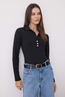 Siyah Fitted/Vucuda Oturan Polo Yaka Patl? C?tc?tl? Esnek Orme Body TWOAW26BD00009